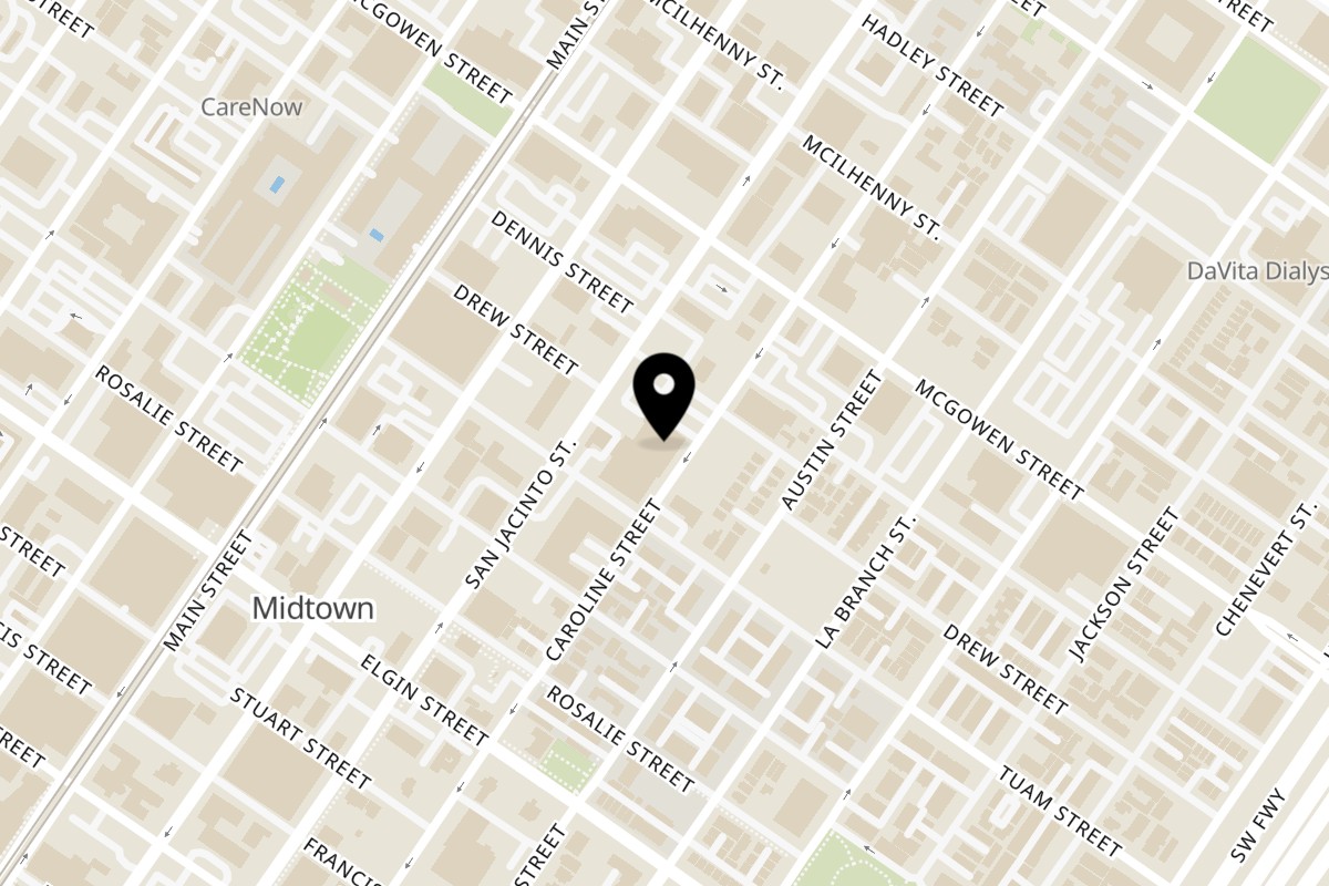 Map showing the location of Love Croissants Midtown on 2808 Caroline St in Houston